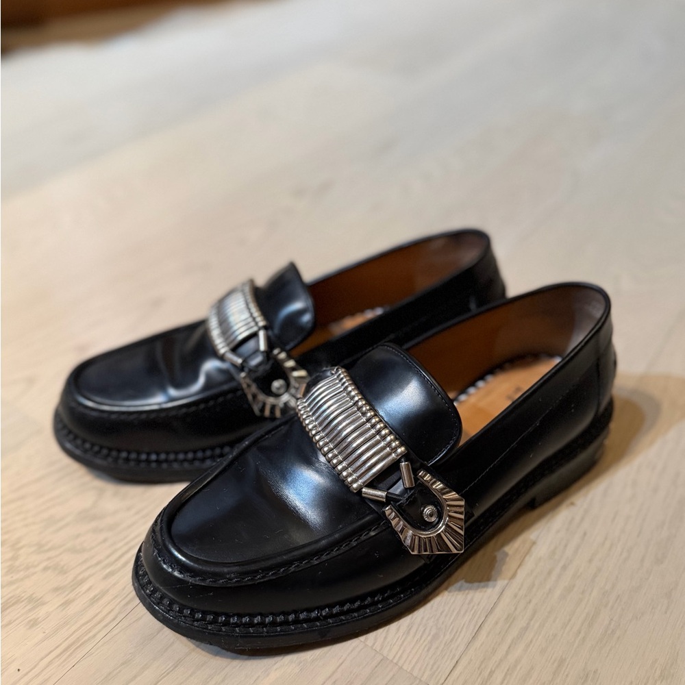 TOGA Pulla Black Leather Loafers with Silver Accents